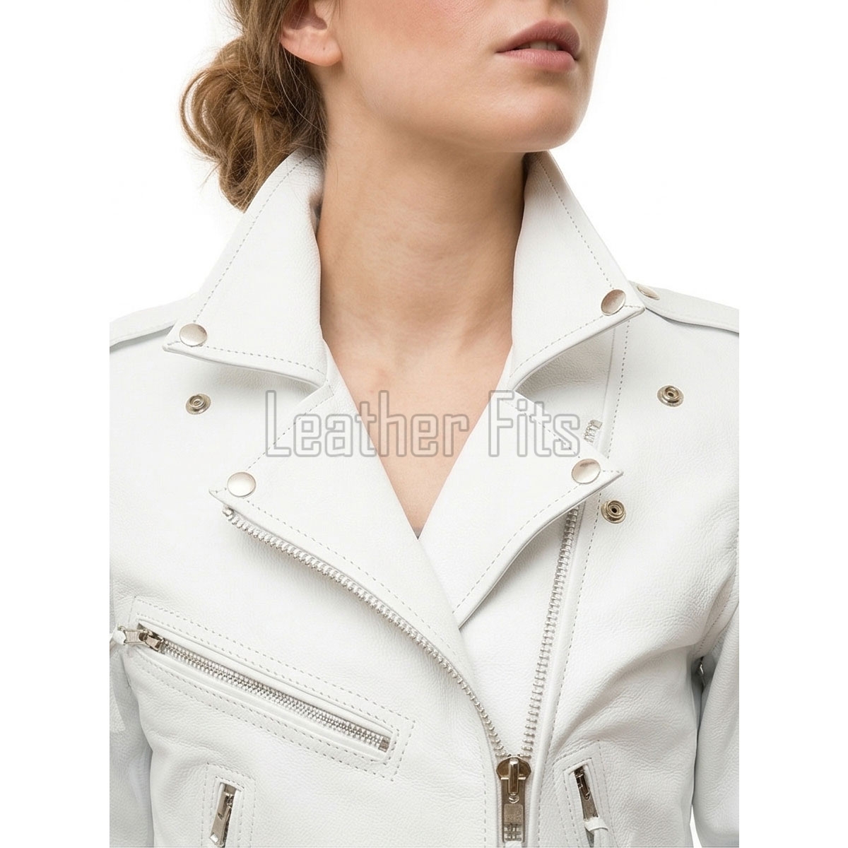 Women's Luxury White Leather Biker Jacket - Slim Fit Asymmetric Genuine Goatskin Motorcycle Statement Highway Rider Moto Coat