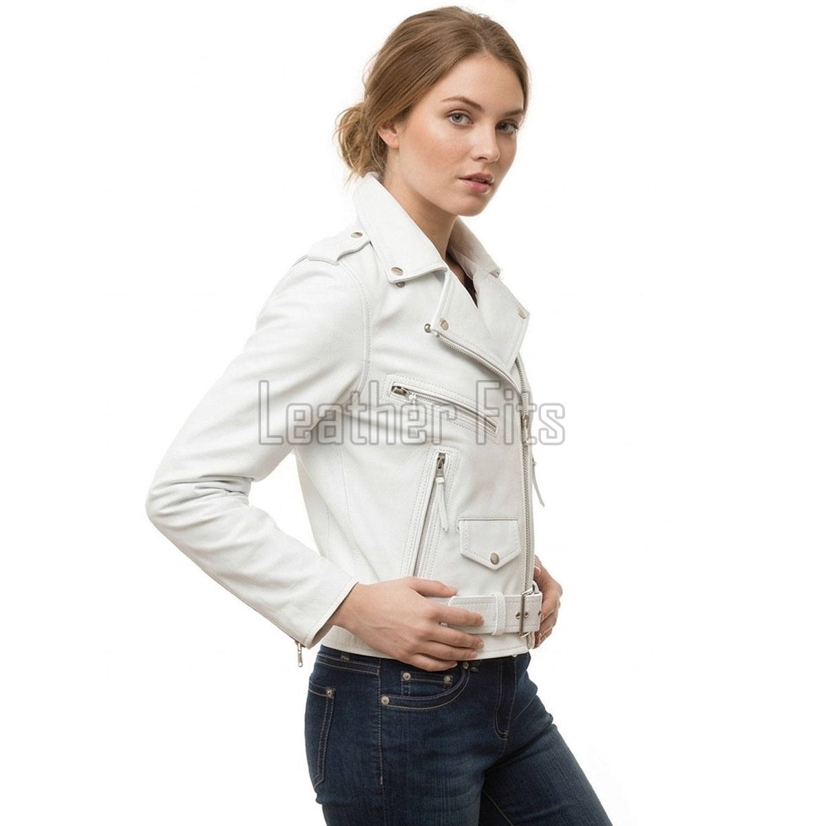 Women's Luxury White Leather Biker Jacket - Slim Fit Asymmetric Genuine Goatskin Motorcycle Statement Highway Rider Moto Coat