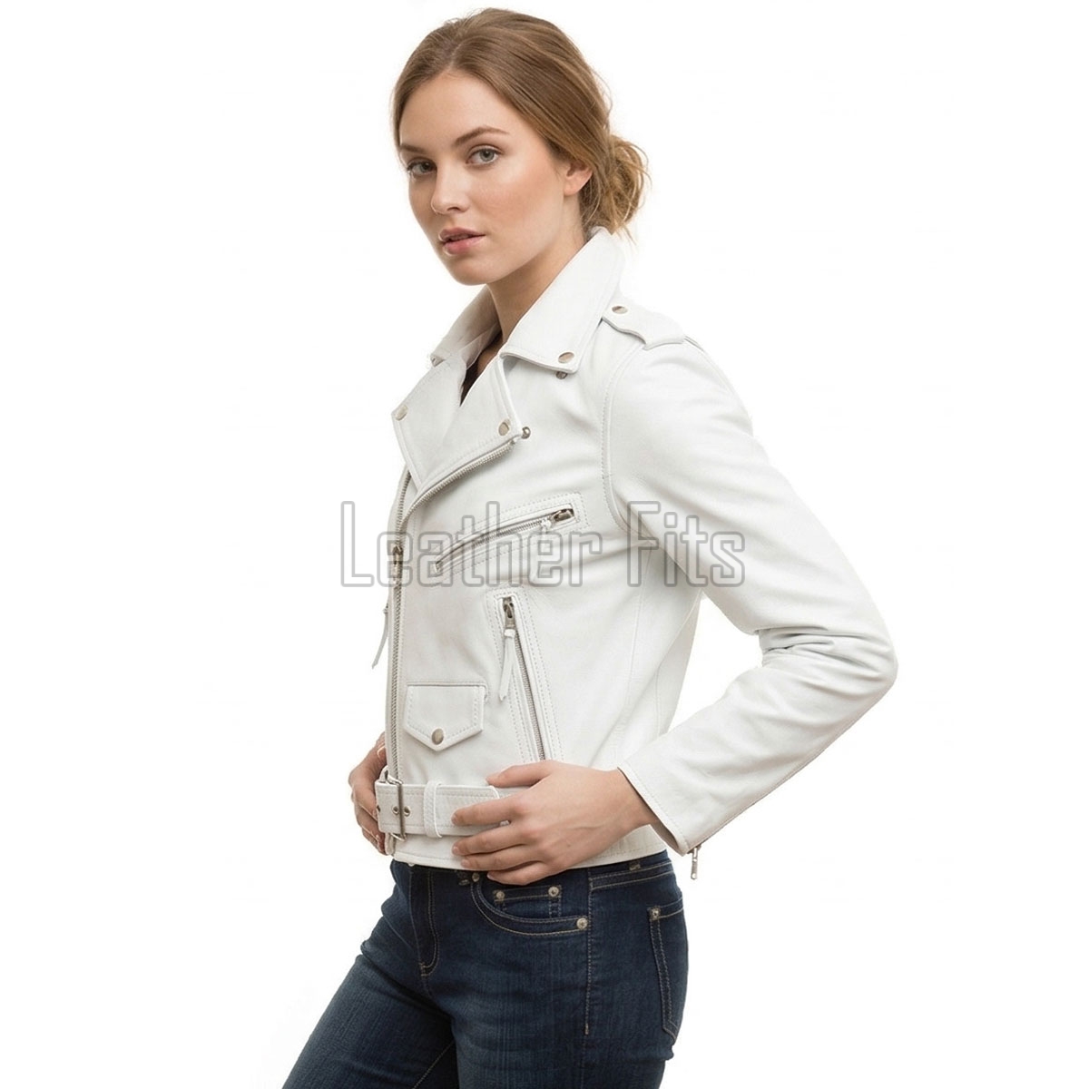 Women's Luxury White Leather Biker Jacket - Slim Fit Asymmetric Genuine Goatskin Motorcycle Statement Highway Rider Moto Coat