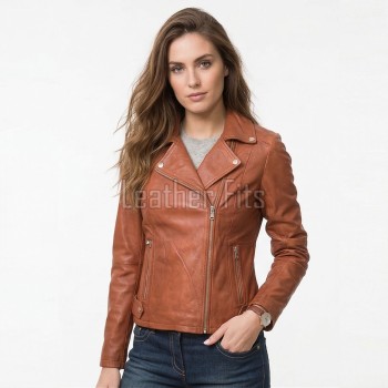 Women's Luxury Tan Cognac Leather Biker Jacket - Slim Fit Asymmetric Genuine Lambskin Motorcycle Statement Cafe Racer Moto Coat