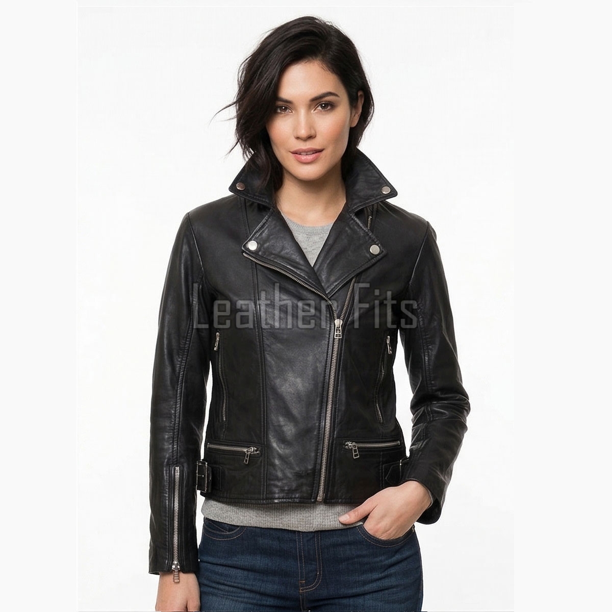 Women's Luxury Black Leather Biker Jacket - Slim Fit Asymmetric Genuine Lambskin Motorcycle Statement Classic Moto Cafe Racer Coat