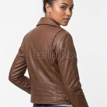 Women's Luxury Espresso Brown Leather Biker Jacket - Slim Fit Asymmetric Genuine Sheepskin Motorcycle Statement Cafe Racer Moto Coat