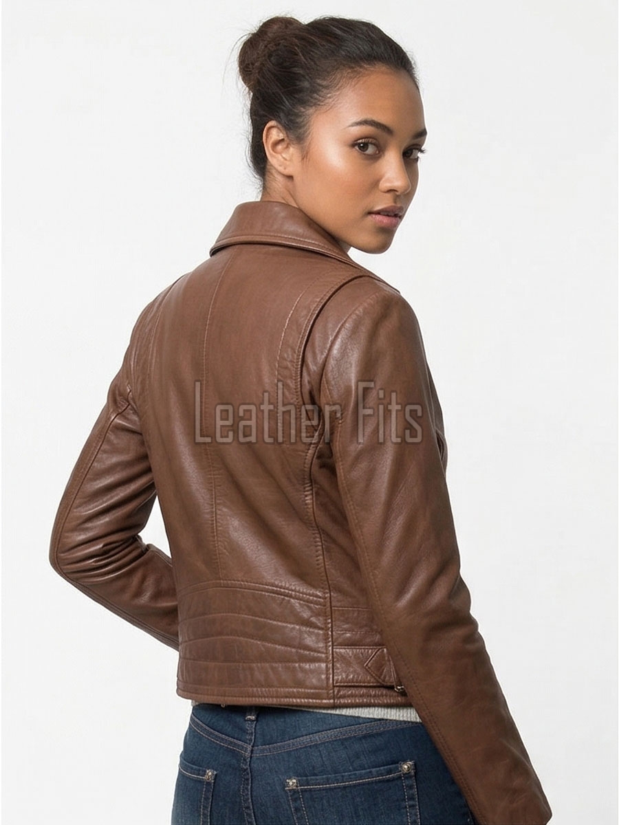 Women's Luxury Espresso Brown Leather Biker Jacket - Slim Fit Asymmetric Genuine Sheepskin Motorcycle Statement Cafe Racer Moto Coat
