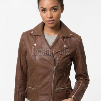 Women's Luxury Espresso Brown Leather Biker Jacket - Slim Fit Asymmetric Genuine Sheepskin Motorcycle Statement Cafe Racer Moto Coat