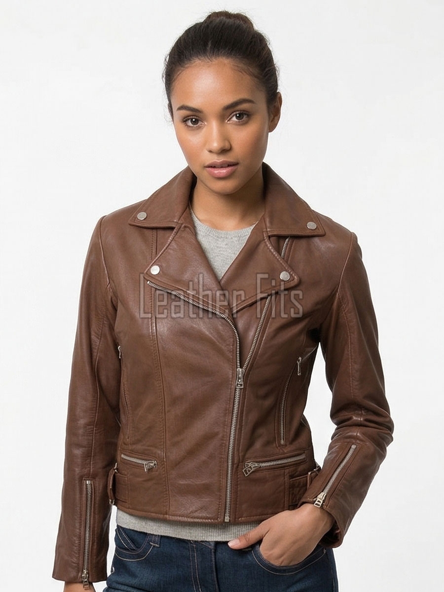 Women's Luxury Espresso Brown Leather Biker Jacket - Slim Fit Asymmetric Genuine Sheepskin Motorcycle Statement Cafe Racer Moto Coat