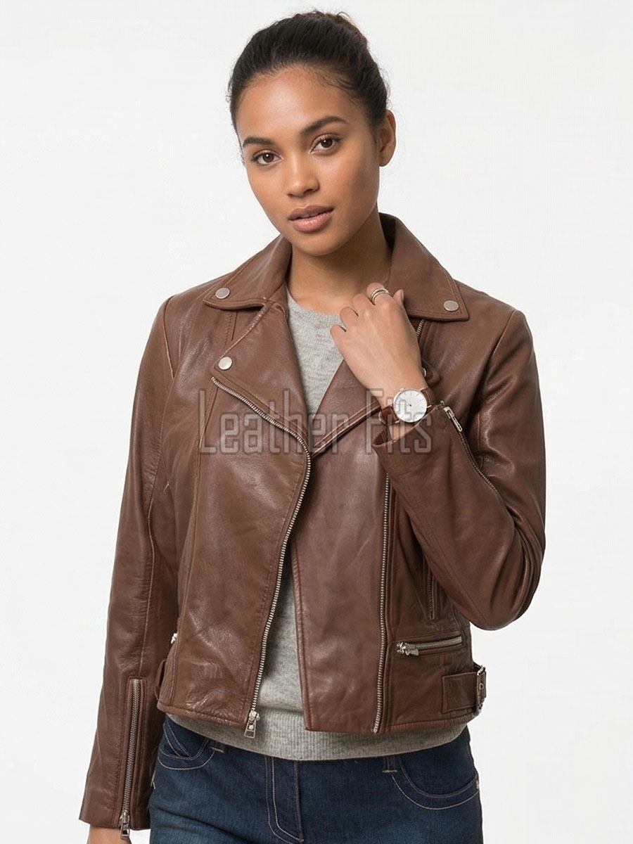 Women's Luxury Espresso Brown Leather Biker Jacket - Slim Fit Asymmetric Genuine Sheepskin Motorcycle Statement Cafe Racer Moto Coat