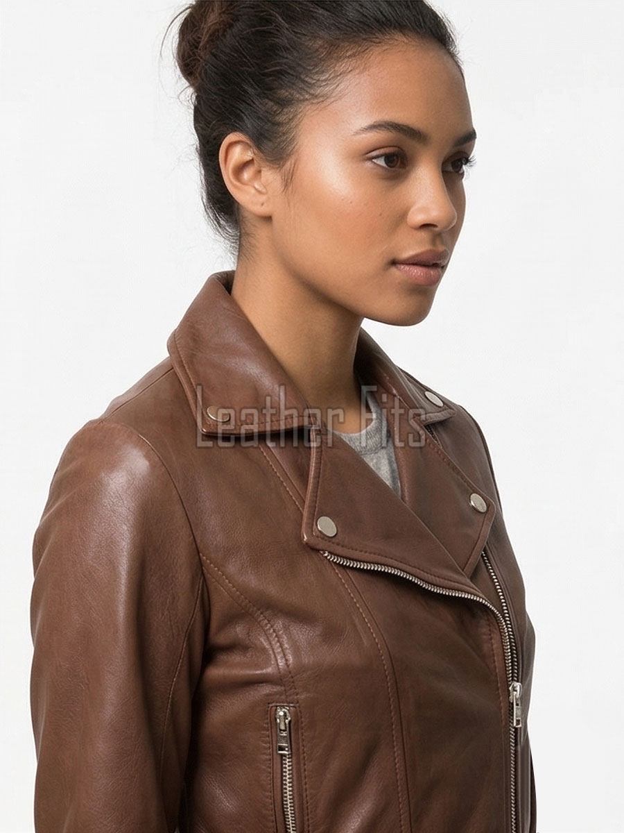 Women's Luxury Espresso Brown Leather Biker Jacket - Slim Fit Asymmetric Genuine Sheepskin Motorcycle Statement Cafe Racer Moto Coat