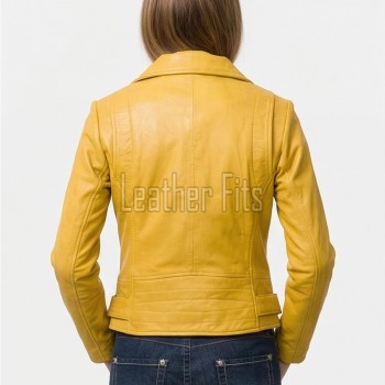 Women's Luxury Mustard Yellow Leather Biker Jacket - Slim Fit Asymmetric Genuine Lambskin Motorcycle Statement Classic Cafe Racer Coat
