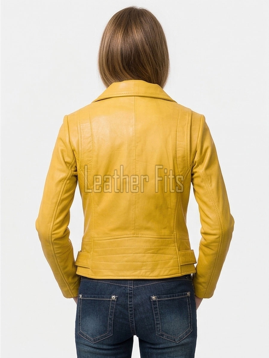 Women's Luxury Mustard Yellow Leather Biker Jacket - Slim Fit Asymmetric Genuine Lambskin Motorcycle Statement Classic Cafe Racer Coat