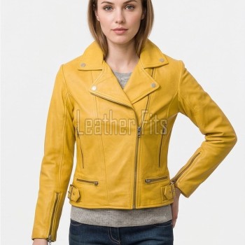 Women's Luxury Mustard Yellow Leather Biker Jacket - Slim Fit Asymmetric Genuine Lambskin Motorcycle Statement Classic Cafe Racer Coat