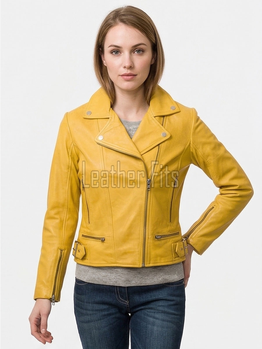 Women's Luxury Mustard Yellow Leather Biker Jacket - Slim Fit Asymmetric Genuine Lambskin Motorcycle Statement Classic Cafe Racer Coat