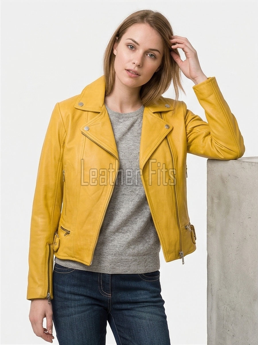 Women's Luxury Mustard Yellow Leather Biker Jacket - Slim Fit Asymmetric Genuine Lambskin Motorcycle Statement Classic Cafe Racer Coat