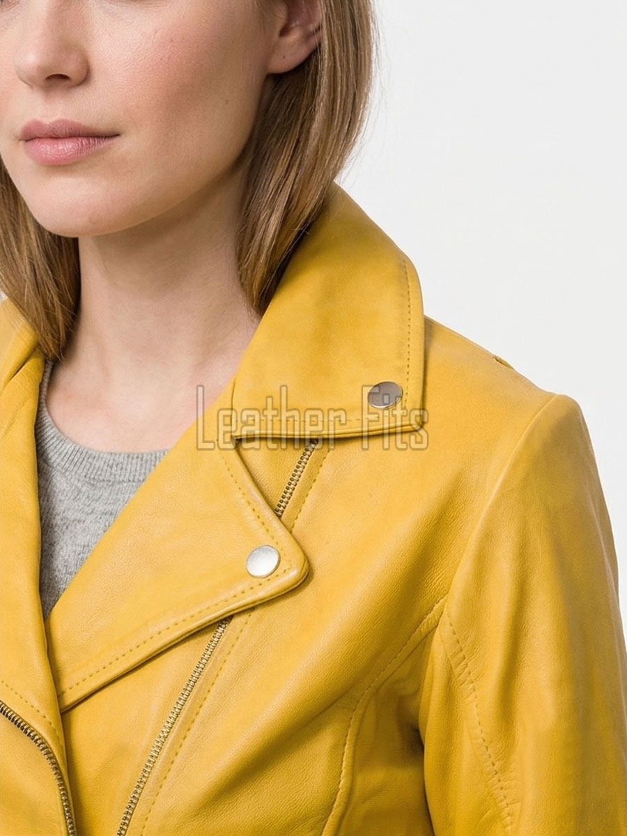 Women's Luxury Mustard Yellow Leather Biker Jacket - Slim Fit Asymmetric Genuine Lambskin Motorcycle Statement Classic Cafe Racer Coat