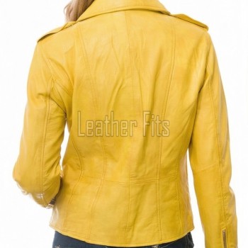 Women's Luxury Canary Yellow Leather Biker Jacket - Slim Fit Asymmetric Genuine Lambskin Motorcycle Statement Multi-Zip Moto Coat