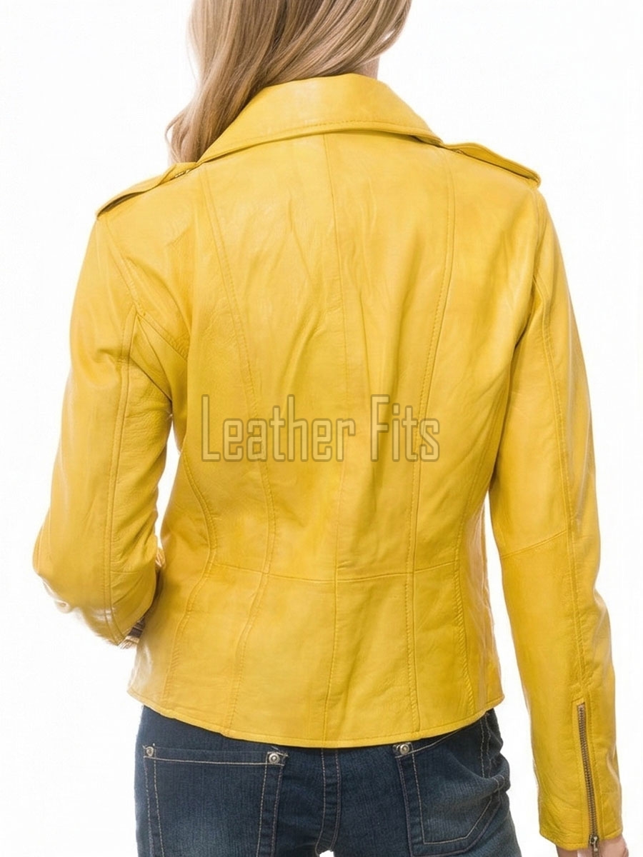Women's Luxury Canary Yellow Leather Biker Jacket - Slim Fit Asymmetric Genuine Lambskin Motorcycle Statement Multi-Zip Moto Coat
