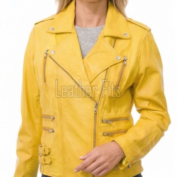 Women's Luxury Canary Yellow Leather Biker Jacket - Slim Fit Asymmetric Genuine Lambskin Motorcycle Statement Multi-Zip Moto Coat
