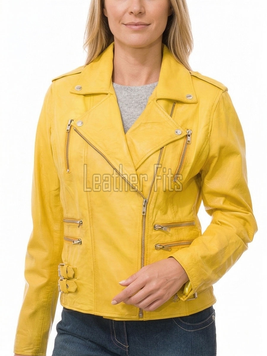 Women's Luxury Canary Yellow Leather Biker Jacket - Slim Fit Asymmetric Genuine Lambskin Motorcycle Statement Multi-Zip Moto Coat