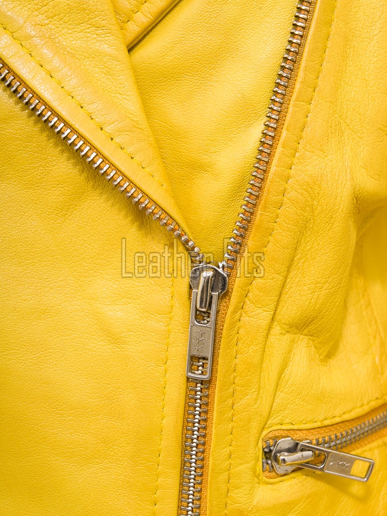 Women's Luxury Canary Yellow Leather Biker Jacket - Slim Fit Asymmetric Genuine Lambskin Motorcycle Statement Multi-Zip Moto Coat