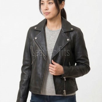 Women's Luxury Black Leather Biker Jacket - Slim Fit Asymmetric Genuine Lambskin Motorcycle Statement Classic Cafe Racer Coat