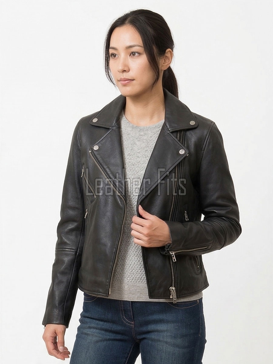 Women's Luxury Black Leather Biker Jacket - Slim Fit Asymmetric Genuine Lambskin Motorcycle Statement Classic Cafe Racer Coat