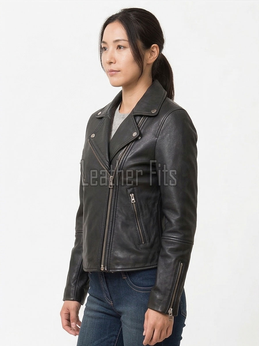 Women's Luxury Black Leather Biker Jacket - Slim Fit Asymmetric Genuine Lambskin Motorcycle Statement Classic Cafe Racer Coat