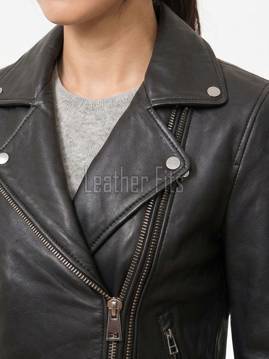 Women's Luxury Black Leather Biker Jacket - Slim Fit Asymmetric Genuine Lambskin Motorcycle Statement Classic Cafe Racer Coat