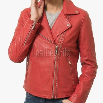 Women's Luxury Red Leather Biker Jacket - Slim Fit Asymmetric Genuine Lambskin Motorcycle Statement Classic Cafe Racer Coat