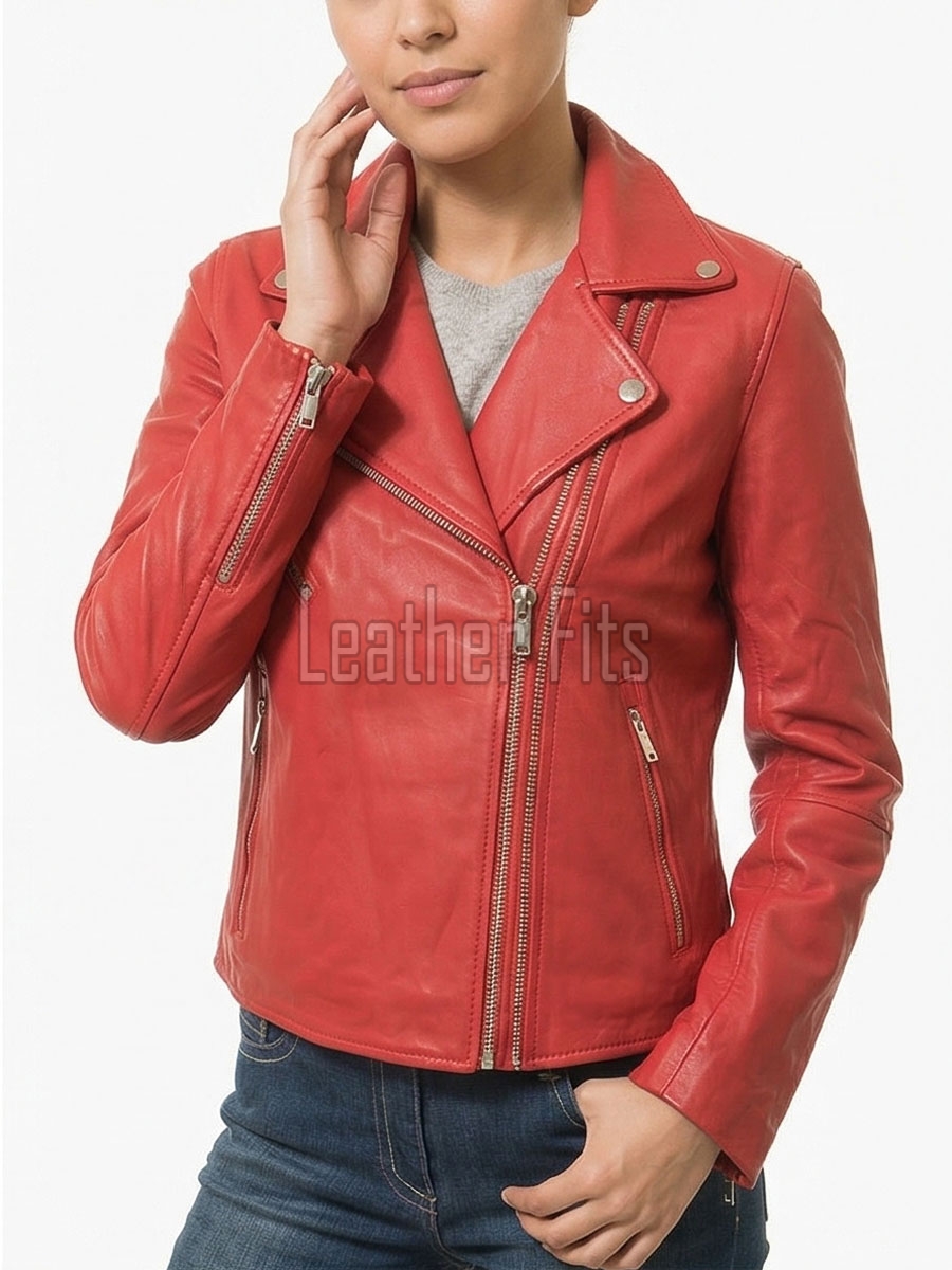 Women's Luxury Red Leather Biker Jacket - Slim Fit Asymmetric Genuine Lambskin Motorcycle Statement Classic Cafe Racer Coat