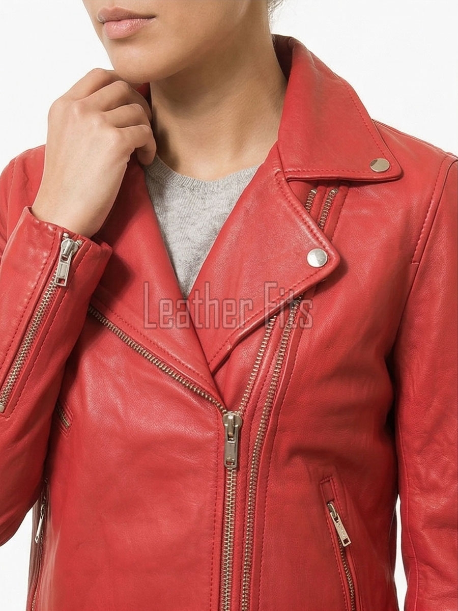 Women's Luxury Red Leather Biker Jacket - Slim Fit Asymmetric Genuine Lambskin Motorcycle Statement Classic Cafe Racer Coat