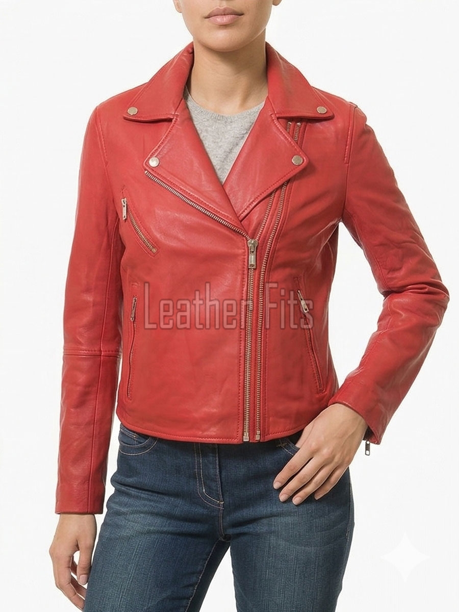 Women's Luxury Red Leather Biker Jacket - Slim Fit Asymmetric Genuine Lambskin Motorcycle Statement Classic Cafe Racer Coat