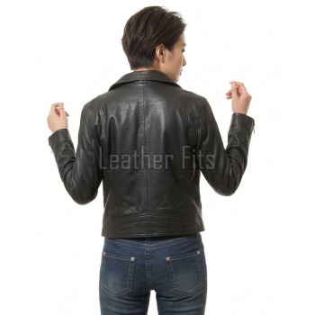 Women's Luxury Charcoal Black Leather Biker Jacket - Slim Fit Asymmetric Genuine Lambskin Motorcycle Statement Classic Multi-Zip Coat