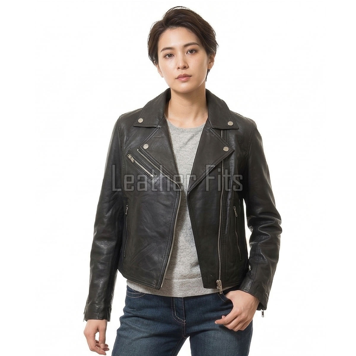 Women's Luxury Charcoal Black Leather Biker Jacket - Slim Fit Asymmetric Genuine Lambskin Motorcycle Statement Classic Multi-Zip Coat