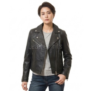 Women's Luxury Charcoal Black Leather Biker Jacket - Slim Fit Asymmetric Genuine Lambskin Motorcycle Statement Classic Multi-Zip Coat