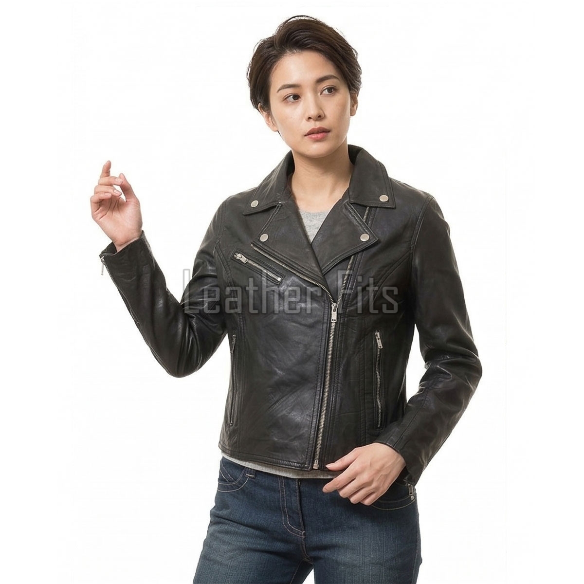 Women's Luxury Charcoal Black Leather Biker Jacket - Slim Fit Asymmetric Genuine Lambskin Motorcycle Statement Classic Multi-Zip Coat