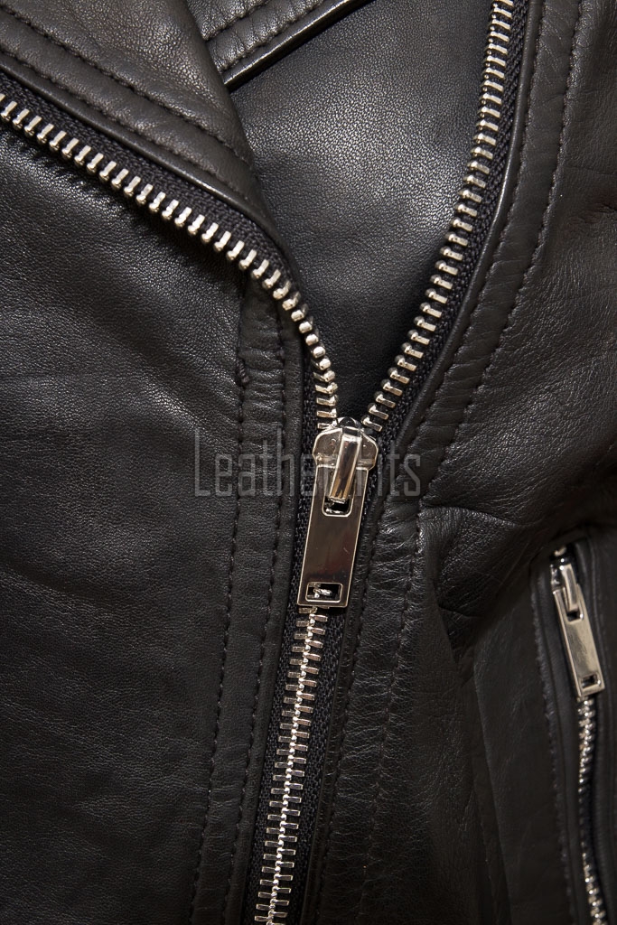 Women's Luxury Charcoal Black Leather Biker Jacket - Slim Fit Asymmetric Genuine Lambskin Motorcycle Statement Classic Multi-Zip Coat