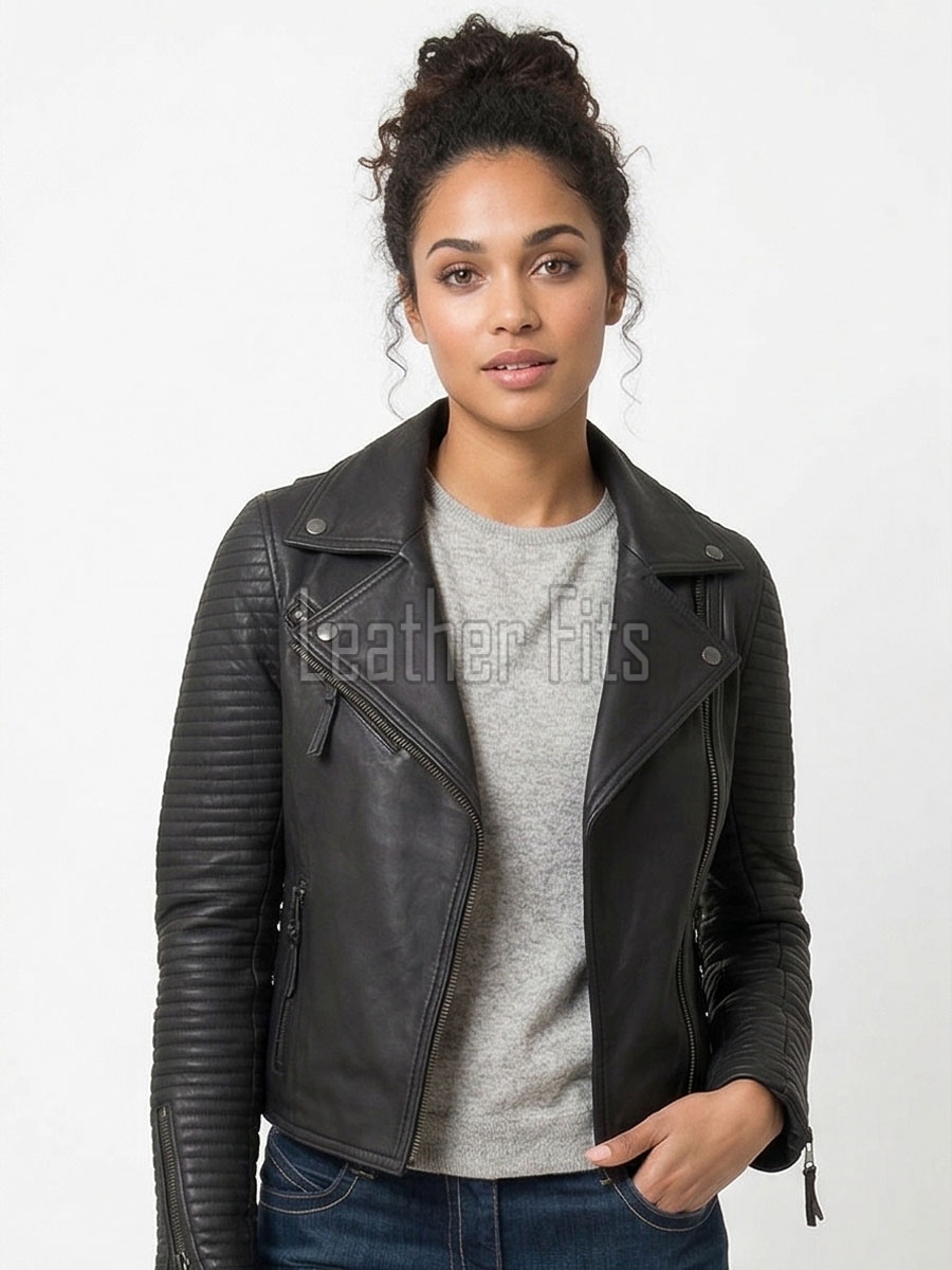 Women's Luxury Black Leather Biker Jacket - Slim Fit Asymmetric Genuine Lambskin Motorcycle Statement Quilted Sleeve Cafe Racer Coat