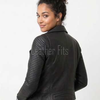 Women's Luxury Black Leather Biker Jacket - Slim Fit Asymmetric Genuine Lambskin Motorcycle Statement Quilted Sleeve Cafe Racer Coat