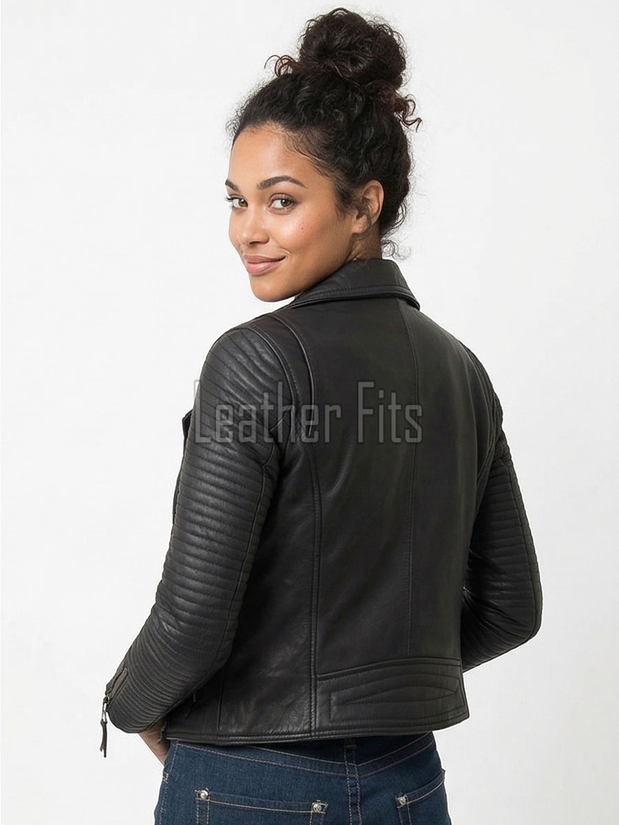 Women's Luxury Black Leather Biker Jacket - Slim Fit Asymmetric Genuine Lambskin Motorcycle Statement Quilted Sleeve Cafe Racer Coat