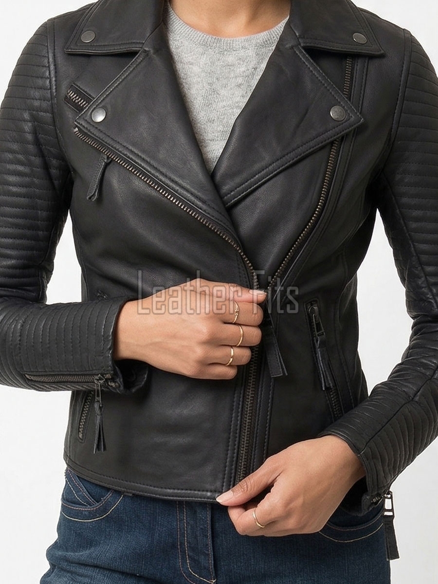 Women's Luxury Black Leather Biker Jacket - Slim Fit Asymmetric Genuine Lambskin Motorcycle Statement Quilted Sleeve Cafe Racer Coat