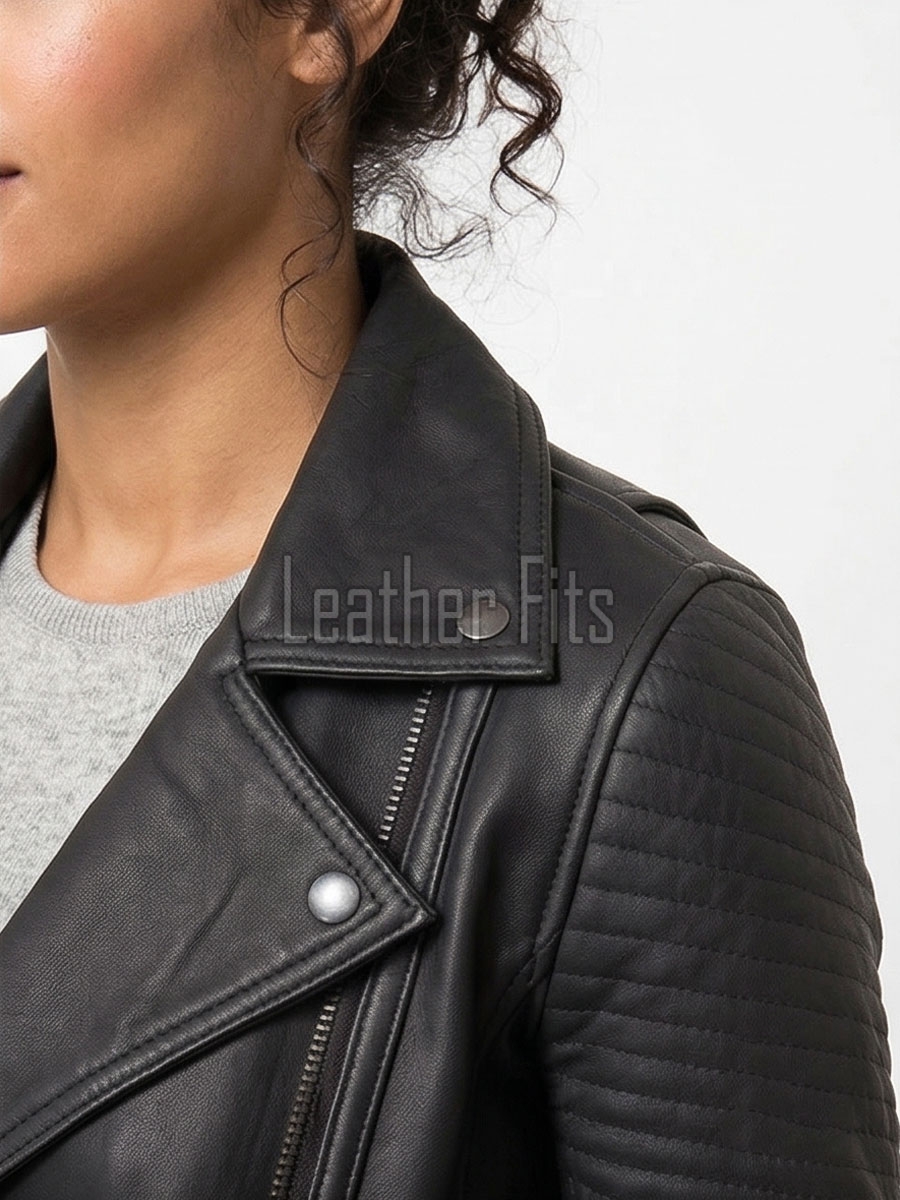 Women's Luxury Black Leather Biker Jacket - Slim Fit Asymmetric Genuine Lambskin Motorcycle Statement Quilted Sleeve Cafe Racer Coat