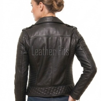 Women's Luxury Black Leather Biker Jacket - Slim Fit Asymmetric Genuine Lambskin Motorcycle Statement Diamond Quilted Cafe Racer Coat