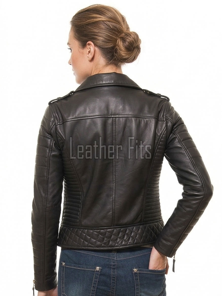 Women's Luxury Black Leather Biker Jacket - Slim Fit Asymmetric Genuine Lambskin Motorcycle Statement Diamond Quilted Cafe Racer Coat