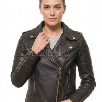 Women's Luxury Black Leather Biker Jacket - Slim Fit Asymmetric Genuine Lambskin Motorcycle Statement Diamond Quilted Cafe Racer Coat