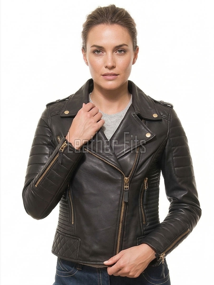 Women's Luxury Black Leather Biker Jacket - Slim Fit Asymmetric Genuine Lambskin Motorcycle Statement Diamond Quilted Cafe Racer Coat