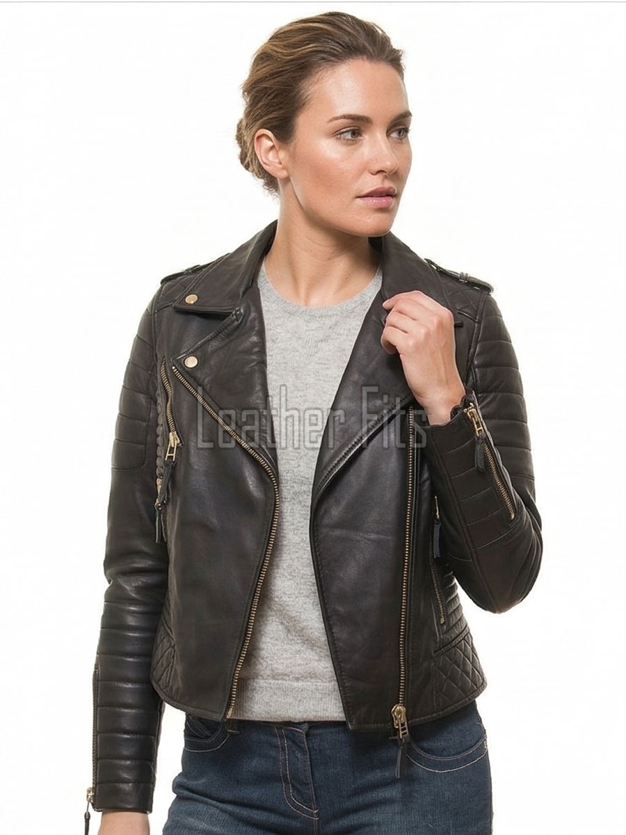 Women's Luxury Black Leather Biker Jacket - Slim Fit Asymmetric Genuine Lambskin Motorcycle Statement Diamond Quilted Cafe Racer Coat