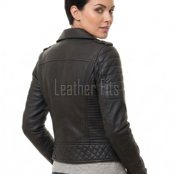 Women's Luxury Jet Black Leather Biker Jacket - Slim Fit Asymmetric Genuine Lambskin Motorcycle Statement Diamond Quilted Rider Coat