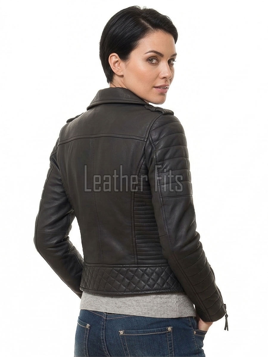 Women's Luxury Jet Black Leather Biker Jacket - Slim Fit Asymmetric Genuine Lambskin Motorcycle Statement Diamond Quilted Rider Coat