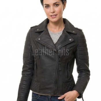 Women's Luxury Jet Black Leather Biker Jacket - Slim Fit Asymmetric Genuine Lambskin Motorcycle Statement Diamond Quilted Rider Coat