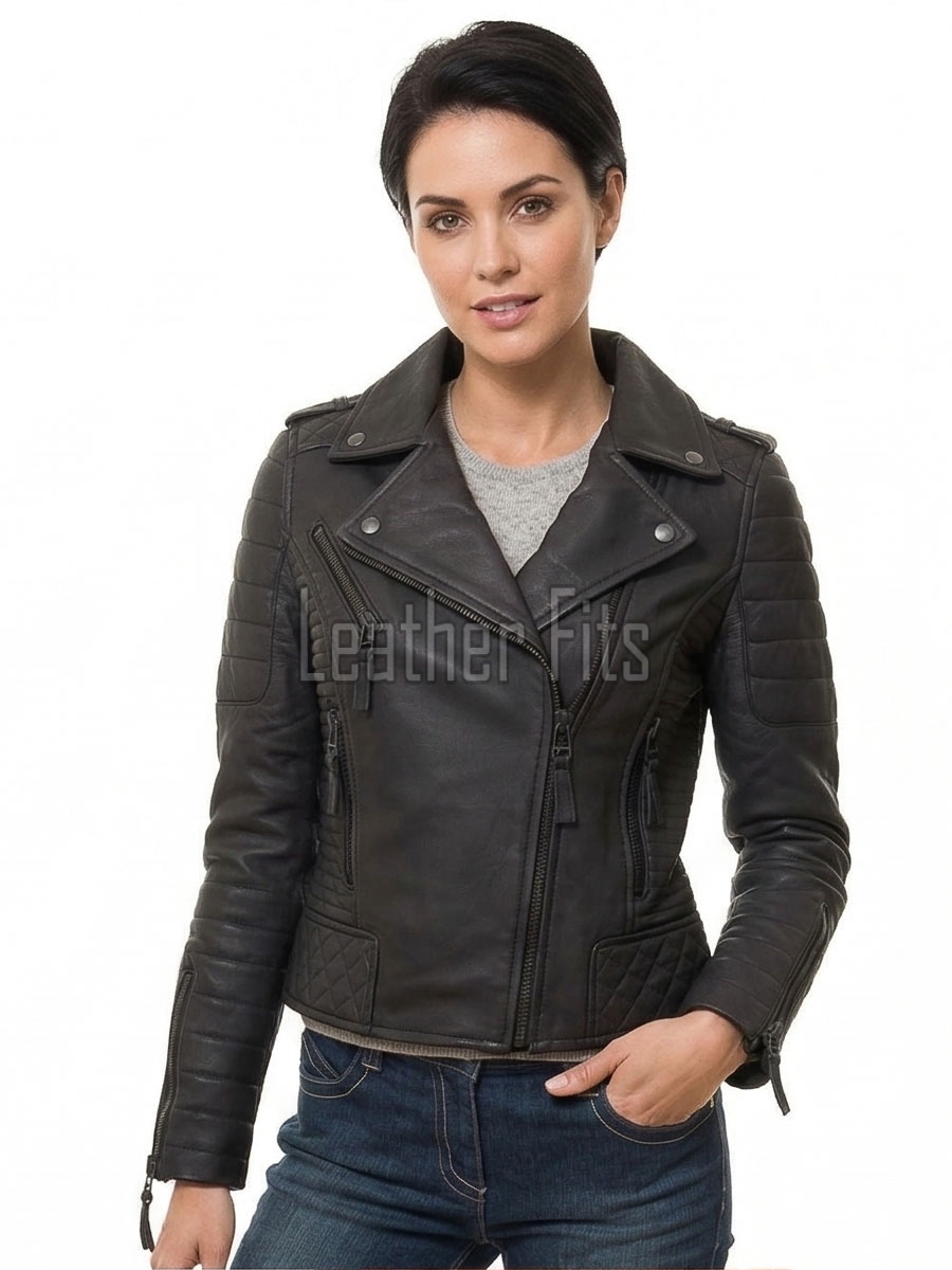 Women's Luxury Jet Black Leather Biker Jacket - Slim Fit Asymmetric Genuine Lambskin Motorcycle Statement Diamond Quilted Rider Coat