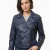 Women's Luxury Navy Blue Leather Biker Jacket - Slim Fit Asymmetric Genuine Lambskin Motorcycle Statement Classic Multi-Zip Moto Coat